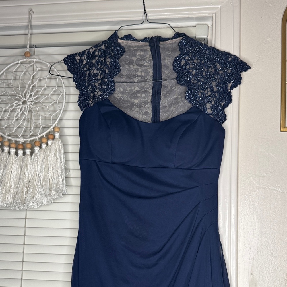Xscape Navy Long Sleeve Lace Dress